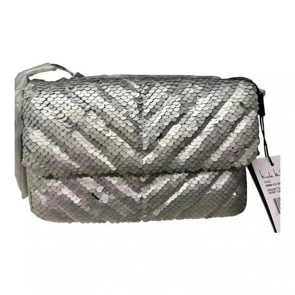 Nicole Miller Silver Sequin Crossbody Bag Chain Strap Convertible Clutch NWT - Picture 1 of 6
